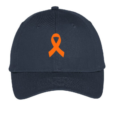 dark gray baseball cap with orange ribbon on the front