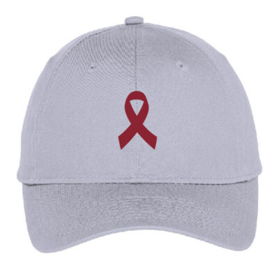 light gray baseball cap with dark red cancer ribbon on the front