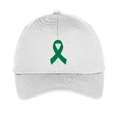 white baseball cap with emerald green cancer ribbon