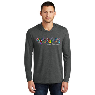 dark gray sweatshirt with a line of different colored cancer ribbons, with small white texts reading "No One Fights Alone"