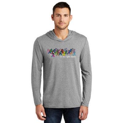 gray sweatshirt with a line of different colored cancer ribbons, with small white texts reading "No One Fights Alone"