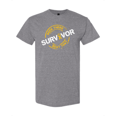 This image shows the Cancer Survivor T-Shirt featuring the words, "Been There Beat That" and an Amber ribbon color.