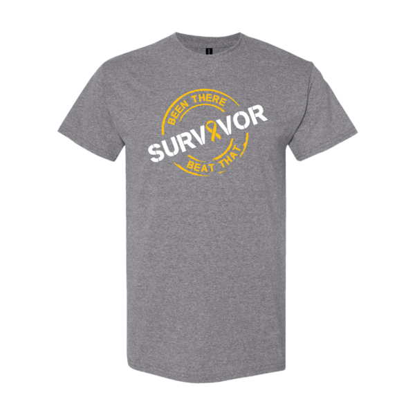 This image shows the Cancer Survivor T-Shirt featuring the words, "Been There Beat That" and an Amber ribbon color.