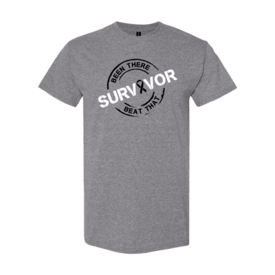 This image shows the Cancer Survivor T-Shirt featuring the words, "Been There Beat That" and a Black ribbon that represents Melanoma.