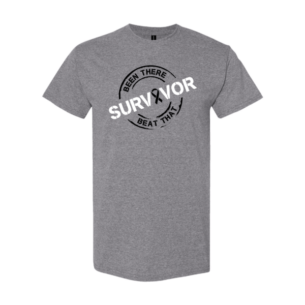This image shows the Cancer Survivor T-Shirt featuring the words, "Been There Beat That" and a Black ribbon that represents Melanoma.