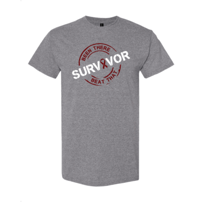This image shows the Cancer Survivor T-Shirt featuring the words, "Been There Beat That" and a Burgundy ribbon that represents Multiple Myeloma.