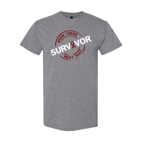 This image shows the Cancer Survivor T-Shirt featuring the words, "Been There Beat That" and a Burgundy ribbon that represents Multiple Myeloma.