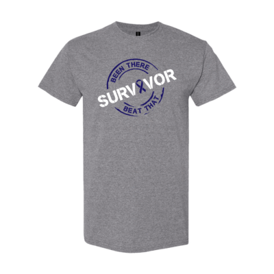 This image shows the Cancer Survivor T-Shirt featuring the words, "Been There Beat That" and a Dark Blue ribbon that represents Colon Cancers.