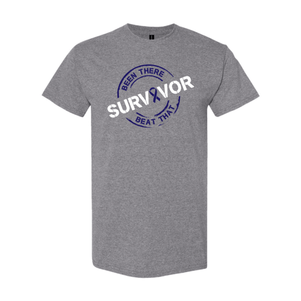 This image shows the Cancer Survivor T-Shirt featuring the words, "Been There Beat That" and a Dark Blue ribbon that represents Colon Cancers.