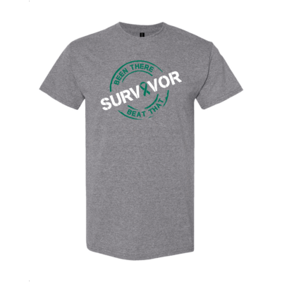 This image shows the Cancer Survivor T-Shirt featuring the words, "Been There Beat That" and an Emerald Green ribbon that represents Liver Cancers.