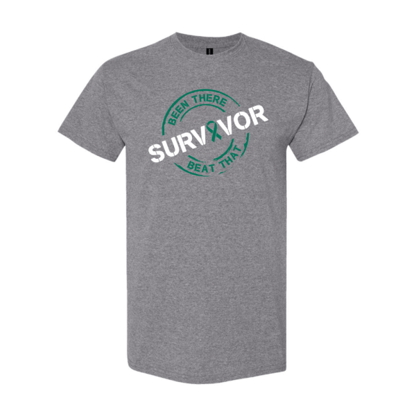 This image shows the Cancer Survivor T-Shirt featuring the words, "Been There Beat That" and an Emerald Green ribbon that represents Liver Cancers.