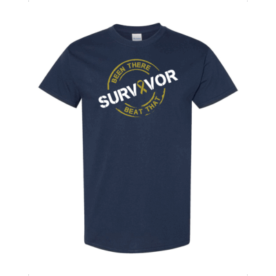 This image shows the Cancer Survivor T-Shirt featuring the words, "Been There Beat That" and a Gold ribbon that represents Childhood Cancers.