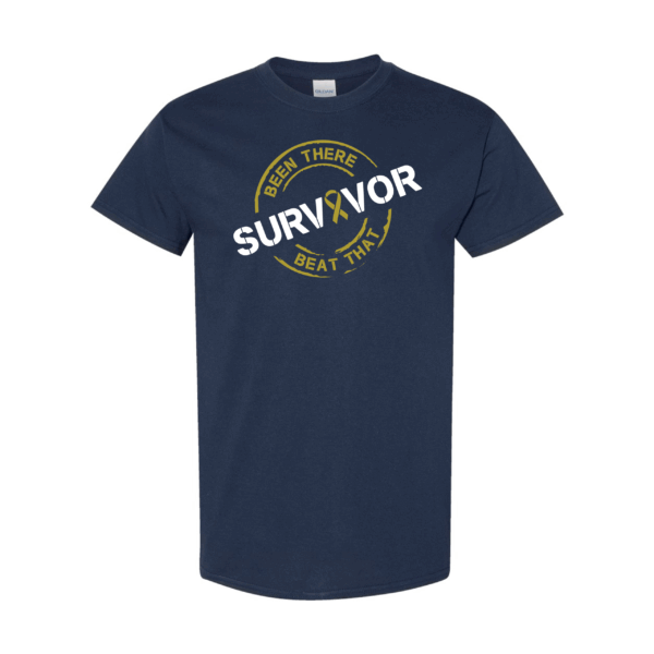 This image shows the Cancer Survivor T-Shirt featuring the words, "Been There Beat That" and a Gold ribbon that represents Childhood Cancers.