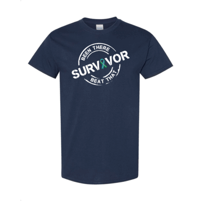 This image shows the Cancer Survivor T-Shirt featuring the words, "Been There Beat That" and a Green/Teal/Pink ribbon that represents Metastatic Breast Cancer.