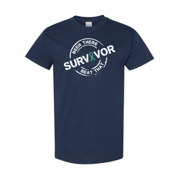 This image shows the Cancer Survivor T-Shirt featuring the words, "Been There Beat That" and a Green/Teal/Pink ribbon that represents Metastatic Breast Cancer.