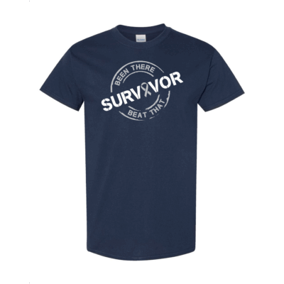 This image shows the Cancer Survivor T-Shirt featuring the words, "Been There Beat That" and a Grey ribbon that represents Brain Cancer.