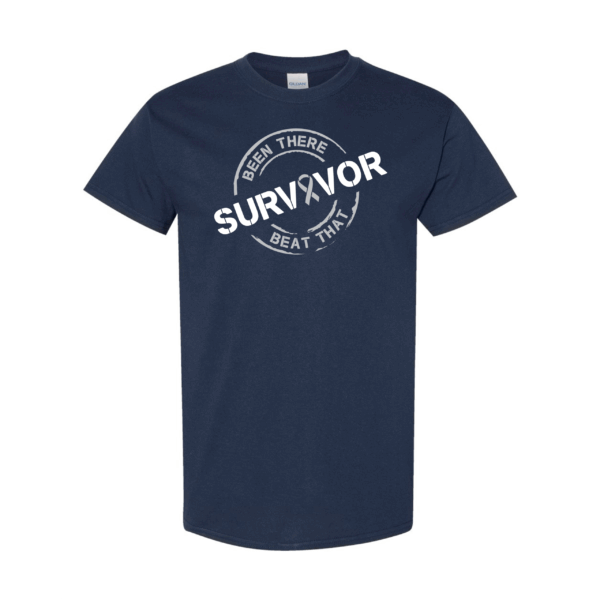 This image shows the Cancer Survivor T-Shirt featuring the words, "Been There Beat That" and a Grey ribbon that represents Brain Cancer.