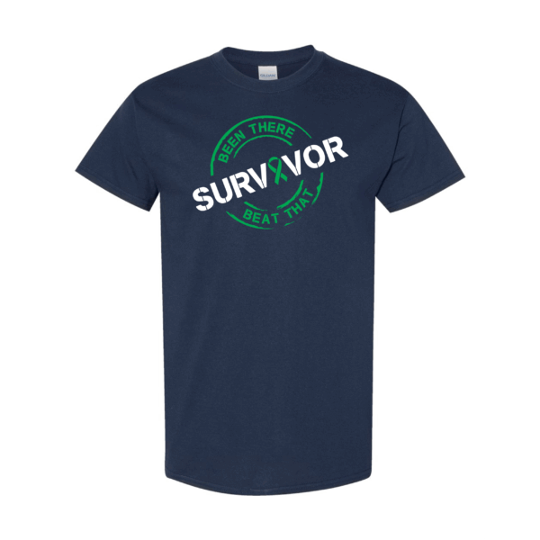 This image shows the Cancer Survivor T-Shirt featuring the words, "Been There Beat That" and a Kelly Green ribbon that represents Gallbladder/Bile Duct Cancer.