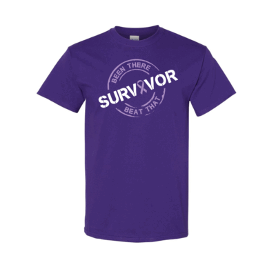 This image shows the Cancer Survivor T-Shirt featuring the words, "Been There Beat That" and a Lavender ribbon that represents All Cancers.