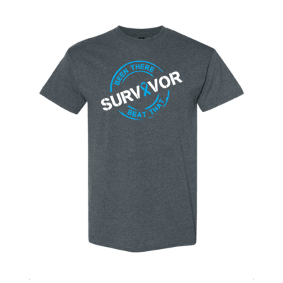 This image shows the Cancer Survivor T-Shirt featuring the words, "Been There Beat That" and a Light Blue ribbon that represents Prostate Cancer.
