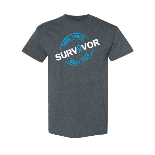 This image shows the Cancer Survivor T-Shirt featuring the words, "Been There Beat That" and a Light Blue ribbon that represents Prostate Cancer.