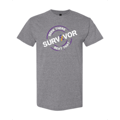 This image shows the Cancer Survivor T-Shirt featuring the words, "Been There Beat That" and a Marigold/Blue/Purple ribbon that represents Bladder cancer.