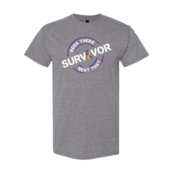This image shows the Cancer Survivor T-Shirt featuring the words, "Been There Beat That" and a Marigold/Blue/Purple ribbon that represents Bladder cancer.