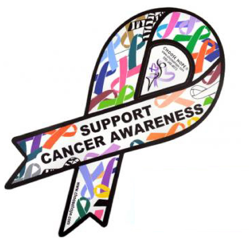 cancer awareness ribbon magnet featuring small, multicolored ribbons