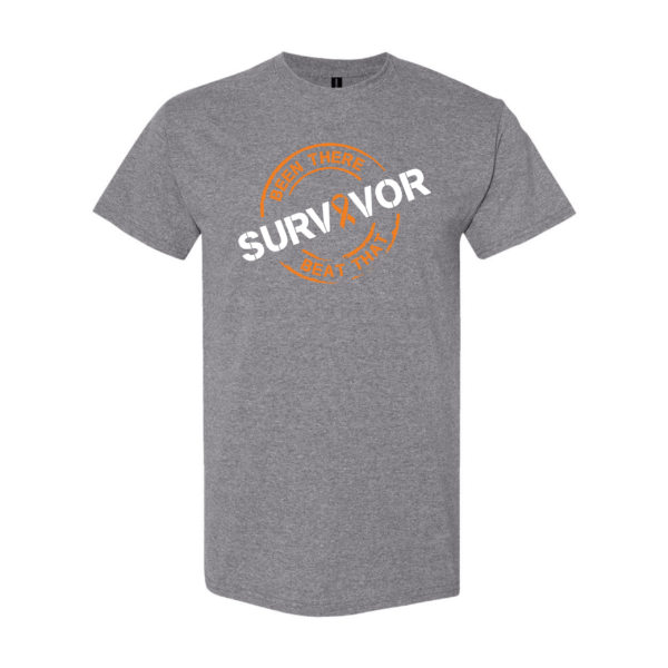 This image shows the Cancer Survivor T-Shirt featuring the words, "Been There Beat That" and an Orange ribbon that represents Kidney cancer and Leukemia.