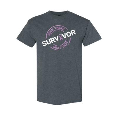 This image shows the Cancer Survivor T-Shirt featuring the words, "Been There Beat That" and an Orchid ribbon that represents Testicular cancer.