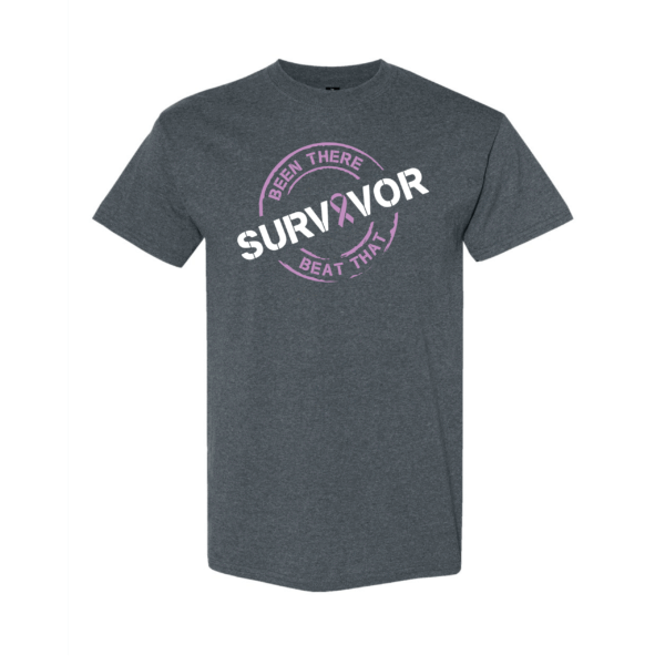 This image shows the Cancer Survivor T-Shirt featuring the words, "Been There Beat That" and an Orchid ribbon that represents Testicular cancer.