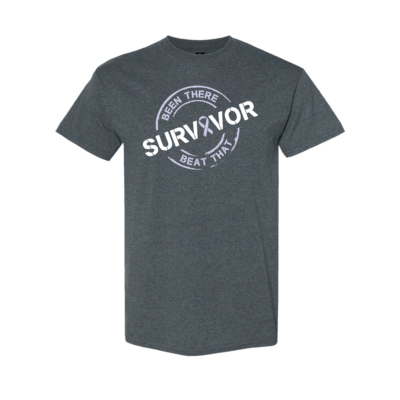This image shows the Cancer Survivor T-Shirt featuring the words, "Been There Beat That" and an Periwinkle ribbon that represents Esophageal and Stomach cancer.