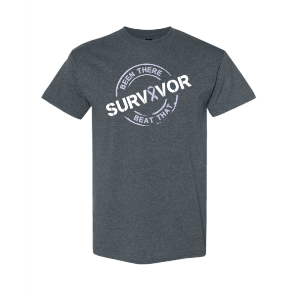 This image shows the Cancer Survivor T-Shirt featuring the words, "Been There Beat That" and an Periwinkle ribbon that represents Esophageal and Stomach cancer.