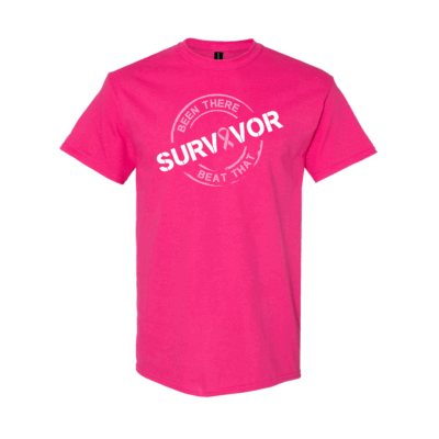 This image shows the Cancer Survivor T-Shirt featuring the words, "Been There Beat That" and a Pink ribbon that represents Breast cancer.