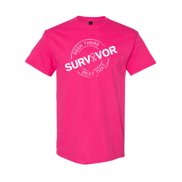 This image shows the Cancer Survivor T-Shirt featuring the words, "Been There Beat That" and a Pink ribbon that represents Breast cancer.