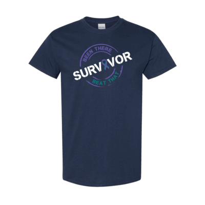 This image shows the Cancer Survivor T-Shirt featuring the words, "Been There Beat That" and a Purple/Green ribbon that represents Anal cancers.