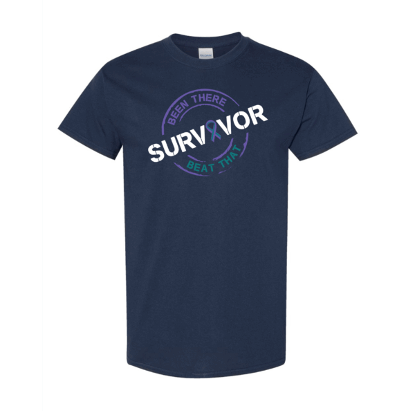 This image shows the Cancer Survivor T-Shirt featuring the words, "Been There Beat That" and a Purple/Green ribbon that represents Anal cancers.