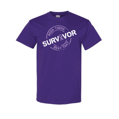 This image shows the Cancer Survivor T-Shirt featuring the words, "Been There Beat That" and a Purple ribbon that represents Pancreatic and Leiomyosarcoma cancers.