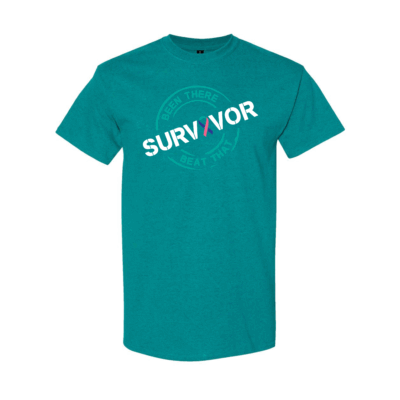This image shows the Cancer Survivor T-Shirt featuring the words, "Been There Beat That" and a Teal/Pink/Blue ribbon that represents Thyroid cancer.