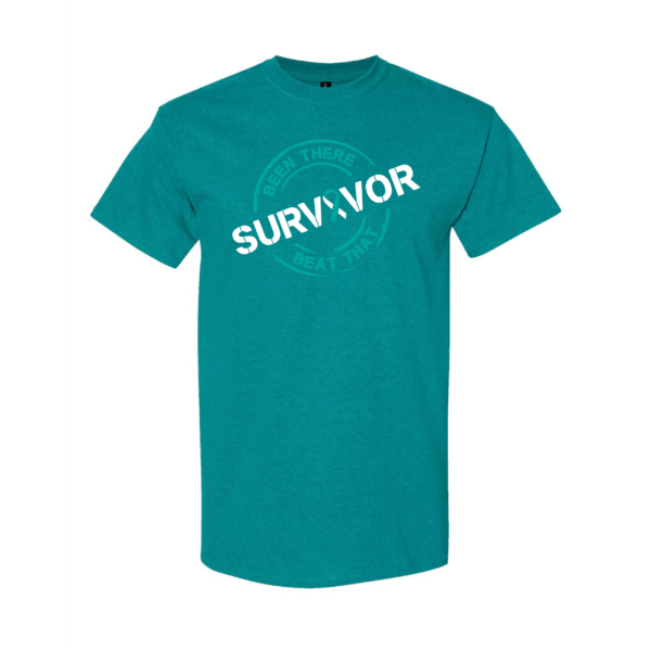 This image shows the Cancer Survivor T-Shirt featuring the words, "Been There Beat That" and a Teal/White ribbon that represents Cervical cancer.