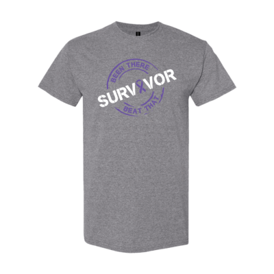This image shows the Cancer Survivor T-Shirt featuring the words, "Been There Beat That" and a Violet printed ribbon color that represents Hodgkin's Lymphoma cancers.