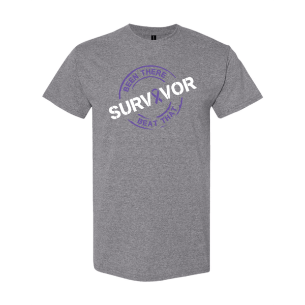 This image shows the Cancer Survivor T-Shirt featuring the words, "Been There Beat That" and a Violet printed ribbon color that represents Hodgkin's Lymphoma cancers.