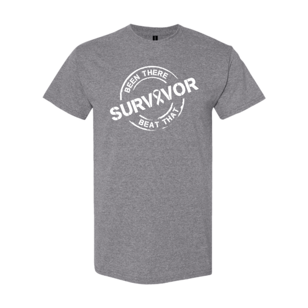 This image shows the Cancer Survivor T-Shirt featuring the words, "Been There Beat That" and a White printed ribbon color that represents Lung cancers.