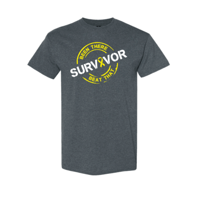 This image shows the Cancer Survivor T-Shirt featuring the words, "Been There Beat That" and a Yellow ribbon color that represents rare and Sarcoma/Bone cancers.