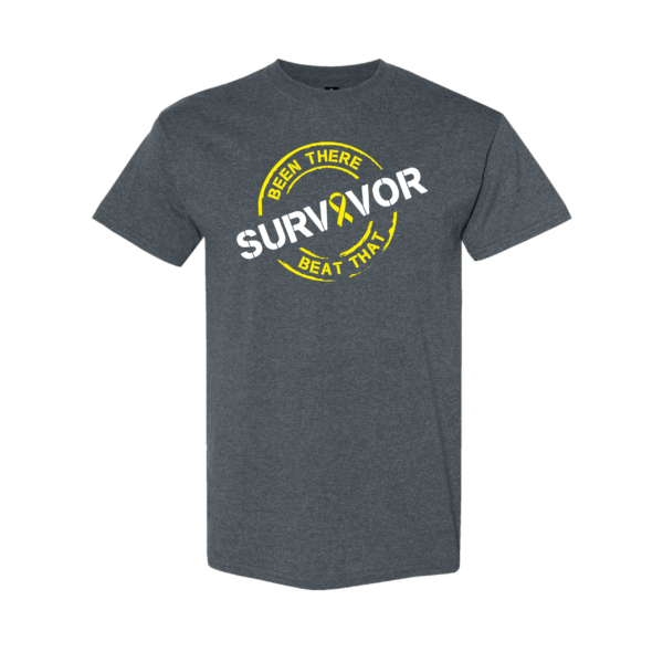 This image shows the Cancer Survivor T-Shirt featuring the words, "Been There Beat That" and a Yellow ribbon color that represents rare and Sarcoma/Bone cancers.
