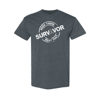 This image shows the Cancer Survivor T-Shirt featuring the words, "Been There Beat That" and a Zebra printed ribbon color that represents rare and neuroendocrine cancers.