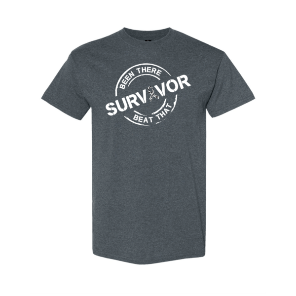 This image shows the Cancer Survivor T-Shirt featuring the words, "Been There Beat That" and a Zebra printed ribbon color that represents rare and neuroendocrine cancers.