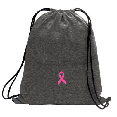 dark grey drawstring bag with pink cancer awareness ribbon