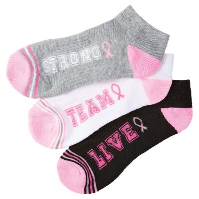 3-Pack, Cushioned, Low-cut Pink Cancer Ribbon Socks that are assorted colors with the words, "Strong", "Team", and, "Live", on the socks. There are three colors of socks per pack, 1 pair of Gray, 1 pair of white and 1 pair of black
