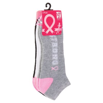 Group picture of the 3 Pack of Pink Cancer Ribbon socks sold with 1 pair of grey socks, 1 pair of white, and 1 pair of black per set.